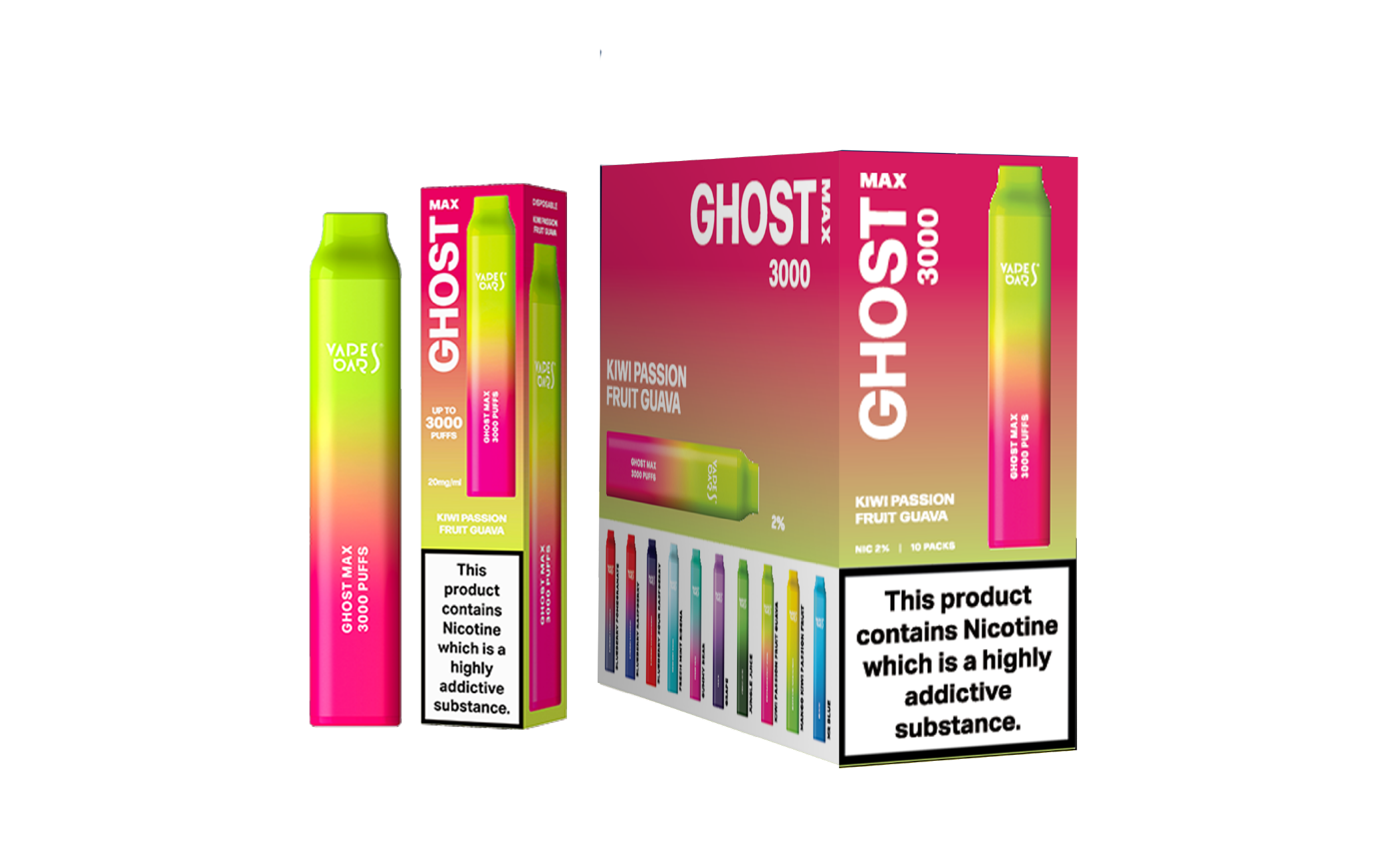 Ghost Max 3000 Kiwi Passion Fruit Guava Vape Device With Pack of 5 Boxed