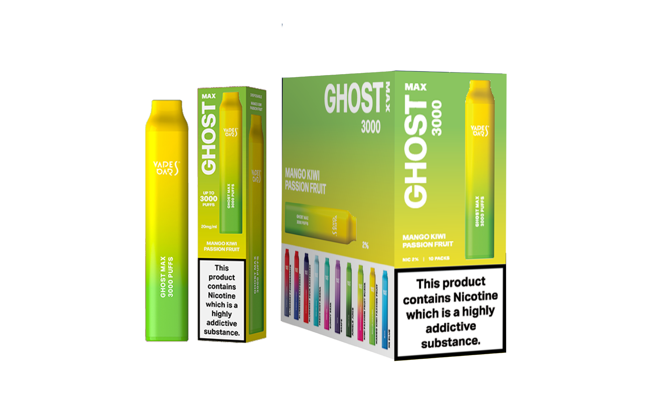 Ghost Max 3000 Mango Kiwi Passion Fruit Vape Device with a pack of 5 box