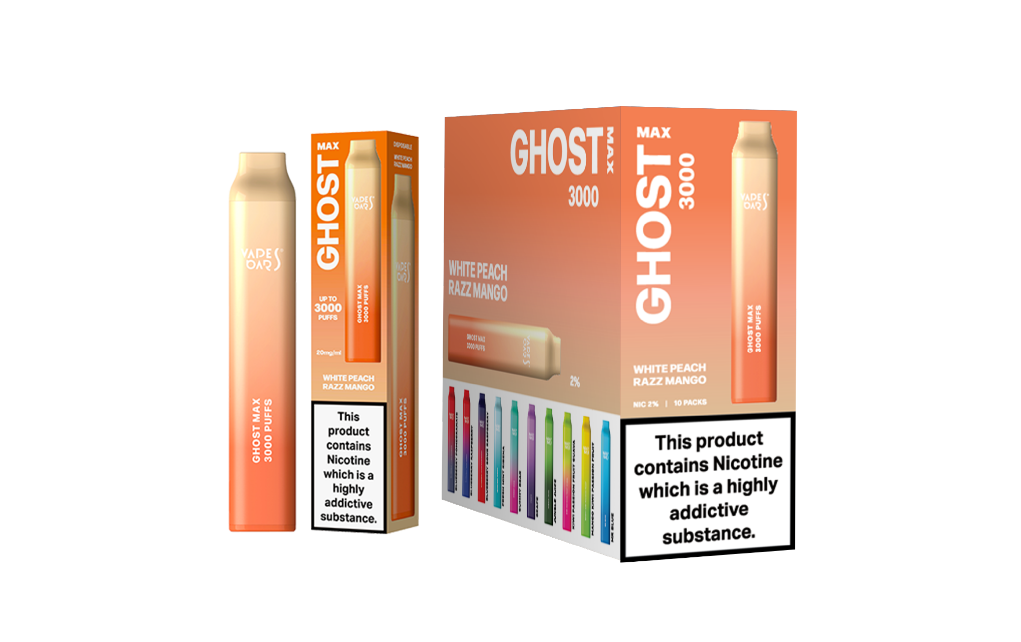 Ghost Max 3000 White Peach Razz Mango Vape Device with a Pack of 5 Box