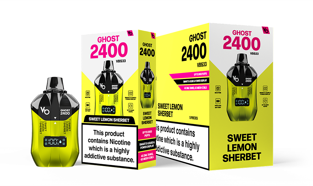 Sweet Lemon Sherbet Ghost 2400 Rechargeable Vape Devices as a pack of 5 boxes