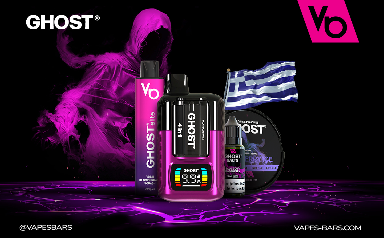 a ghost shadow in the back and different ghost device in the front with a greece flag representing the upcoming vape expo in greece 2024