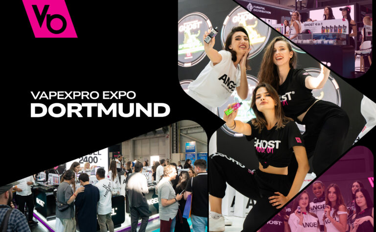 Vapexpro Expo Dortmund Cover Foto with a person showing Ghost Elite vape Device