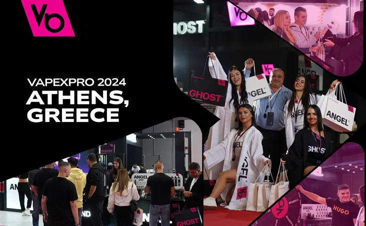 Ghost® Booth A2 at Vapexpro Greece 2024 with enthusiastic presenters and eye-catching product displays.