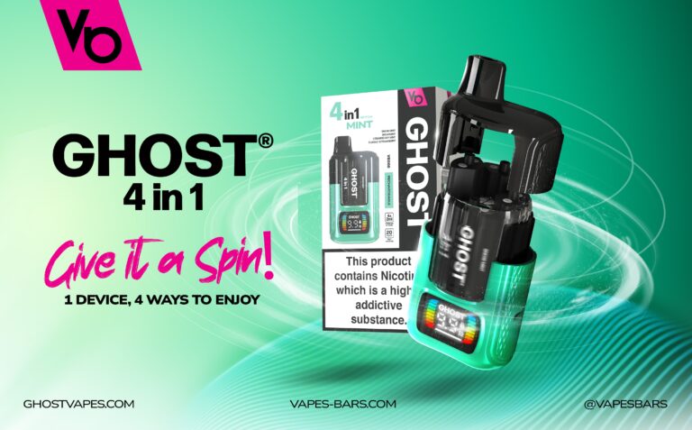 New Ghost® 4-in-1 premium vaping device, crafted for an extraordinary experience, featuring TPD compliance and MHRA approval for quality and safety.