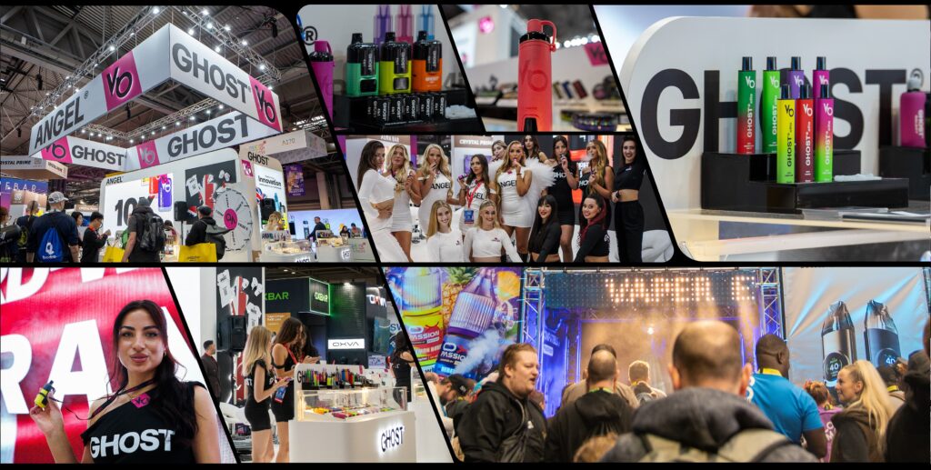 Collage of exciting scenes and moments from Ghost® at Vaper Expo UK 2024, highlighting unique product features and audience interaction.