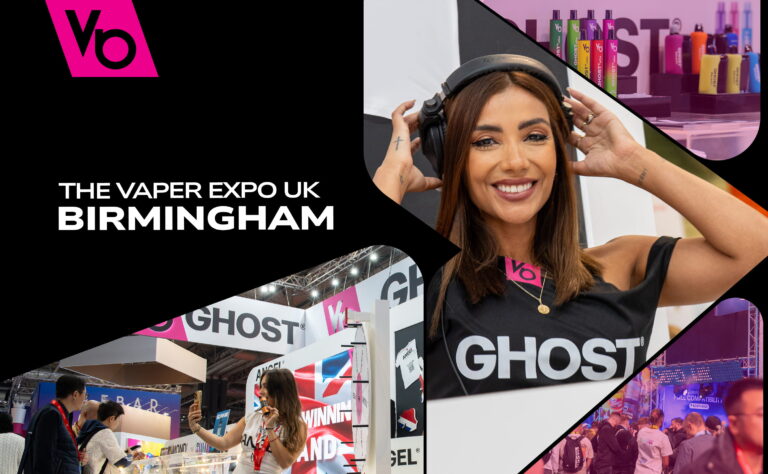 Collage of standout moments at UK Vaper Expo featuring Ghost® products, event anchors, and key expo highlights.